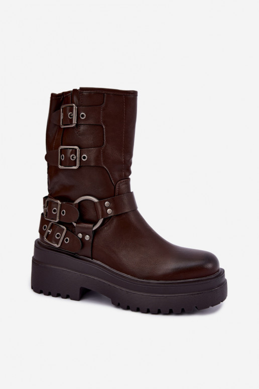 Stivaletti caldi con piattaforma e fibbie color cioccolato Gilmora