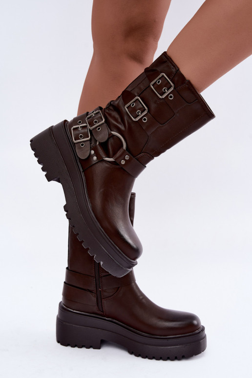 Stivaletti caldi con piattaforma e fibbie color cioccolato Gilmora