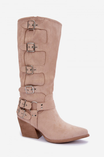 Stivali alti in stile cowboy con tacco e fibbie color avorio Fivelle