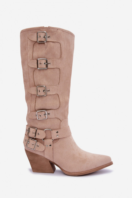 Stivali alti in stile cowboy con tacco e fibbie color avorio Fivelle