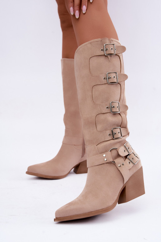 Stivali alti in stile cowboy con tacco e fibbie color avorio Fivelle