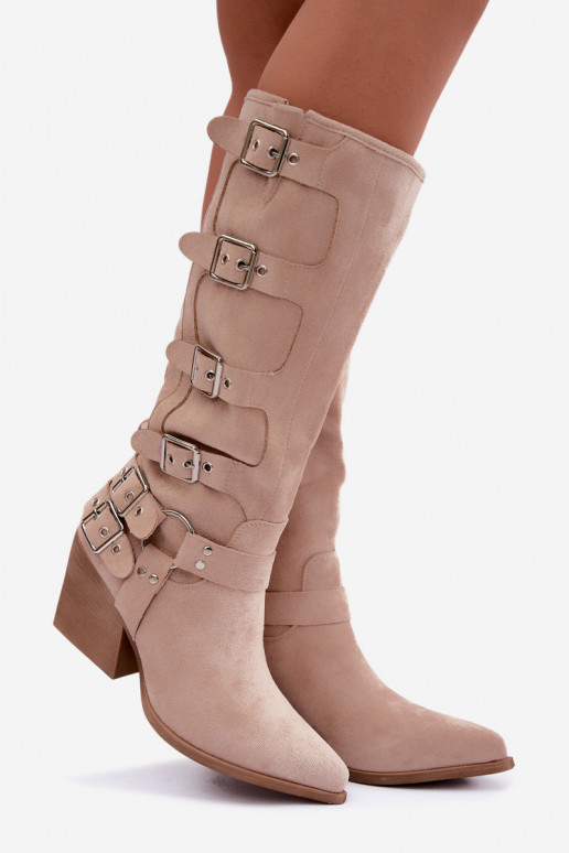 Stivali alti in stile cowboy con tacco e fibbie color avorio Fivelle