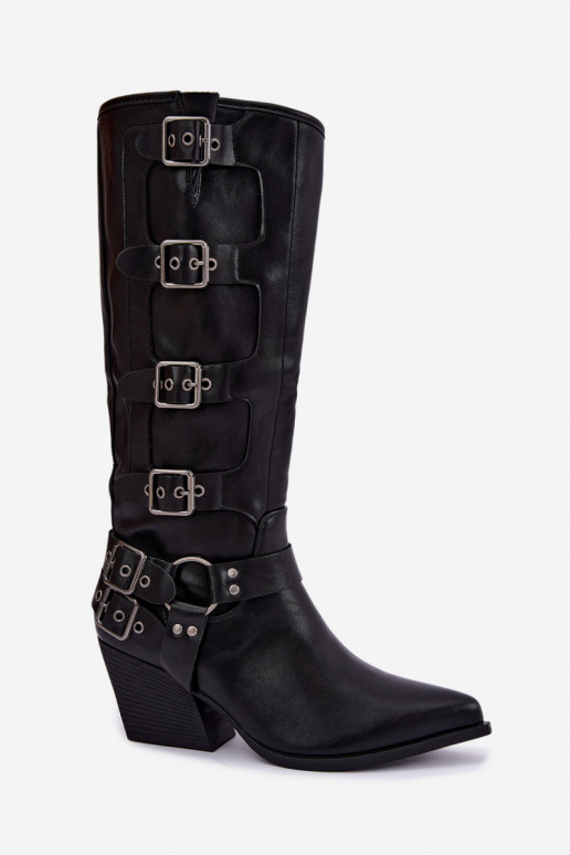 Stivali alti in stile cowboy con tacco e fibbie in pelle sintetica nera Fivelle