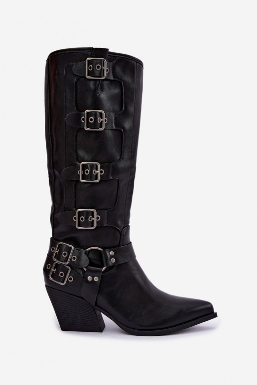 Stivali alti in stile cowboy con tacco e fibbie in pelle sintetica nera Fivelle