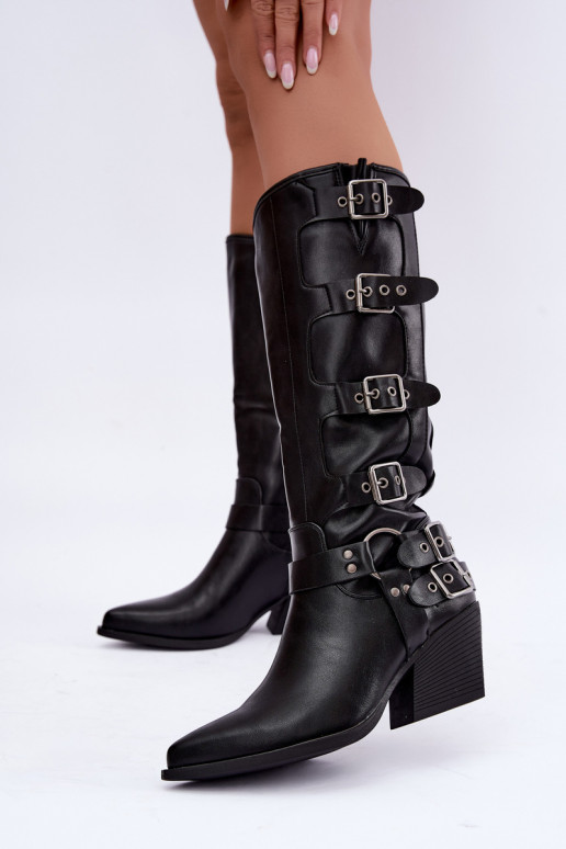 Stivali alti in stile cowboy con tacco e fibbie in pelle sintetica nera Fivelle