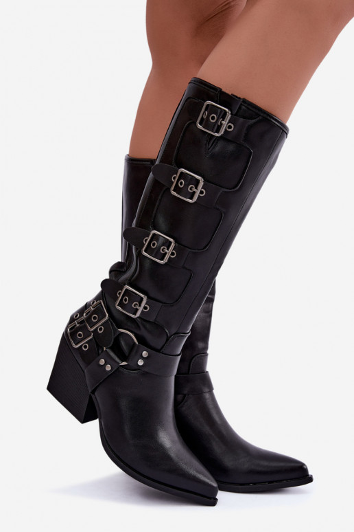 Stivali alti in stile cowboy con tacco e fibbie in pelle sintetica nera Fivelle