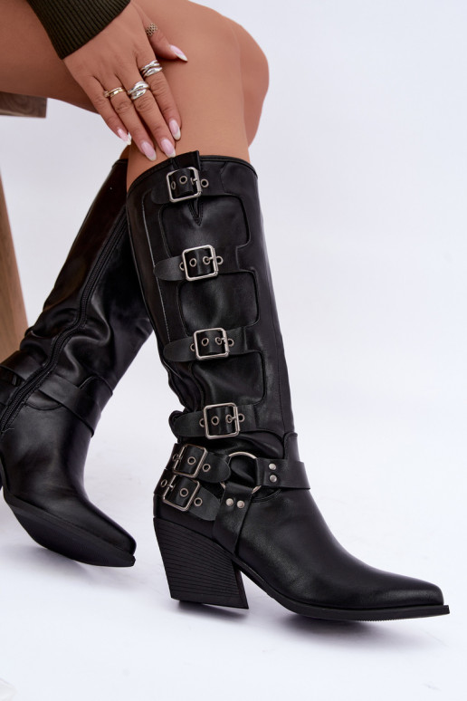 Stivali alti in stile cowboy con tacco e fibbie in pelle sintetica nera Fivelle