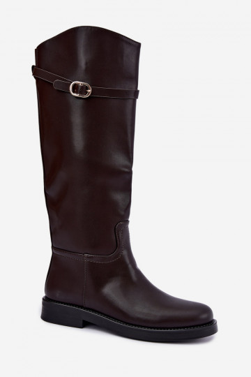 Stivali alti da donna con tacchi larghi e cinturini con fibbie color cioccolato Sylvena