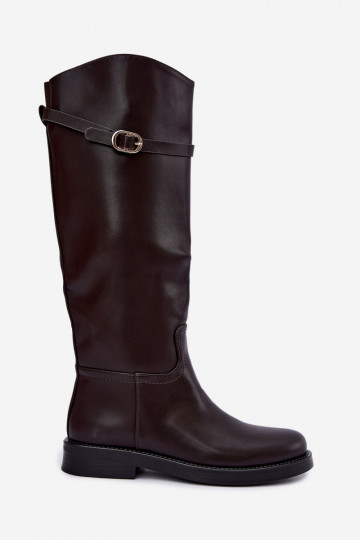 Stivali alti da donna con tacchi larghi e cinturini con fibbie color cioccolato Sylvena 2