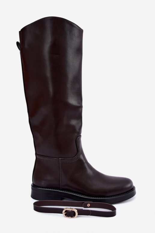 Stivali alti da donna con tacchi larghi e cinturini con fibbie color cioccolato Sylvena