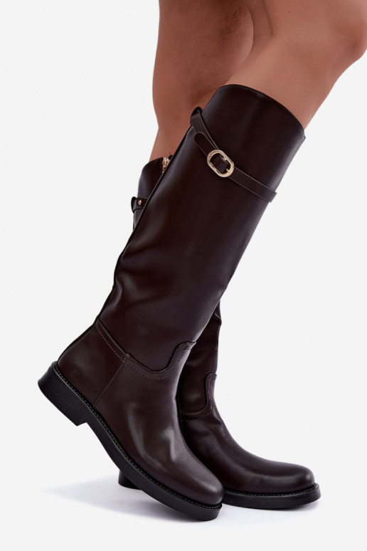Stivali alti da donna con tacchi larghi e cinturini con fibbie color cioccolato Sylvena