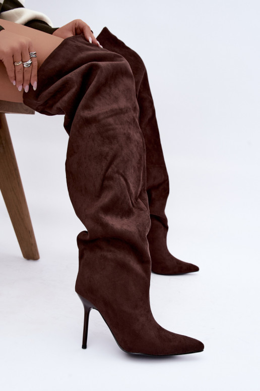 Stivali alti da donna con tacchi sottili color marrone Aderelle