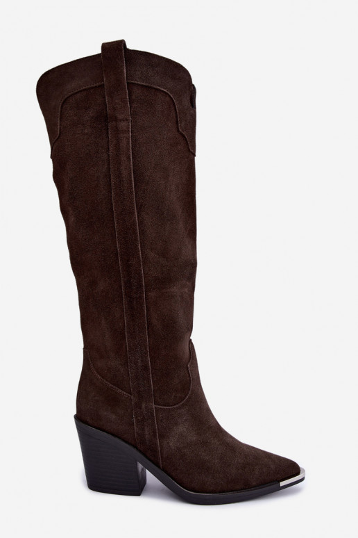 Stivali alti in stile cowboy con tacco in suede sintetico marrone