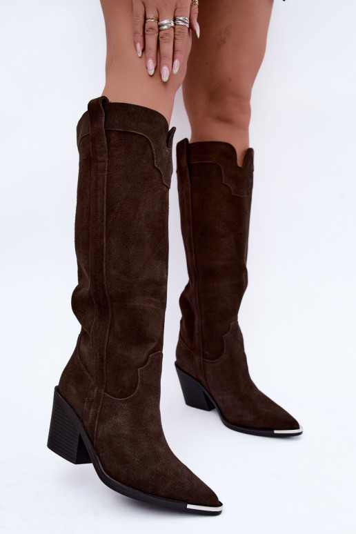 Stivali alti in stile cowboy con tacco in suede sintetico marrone