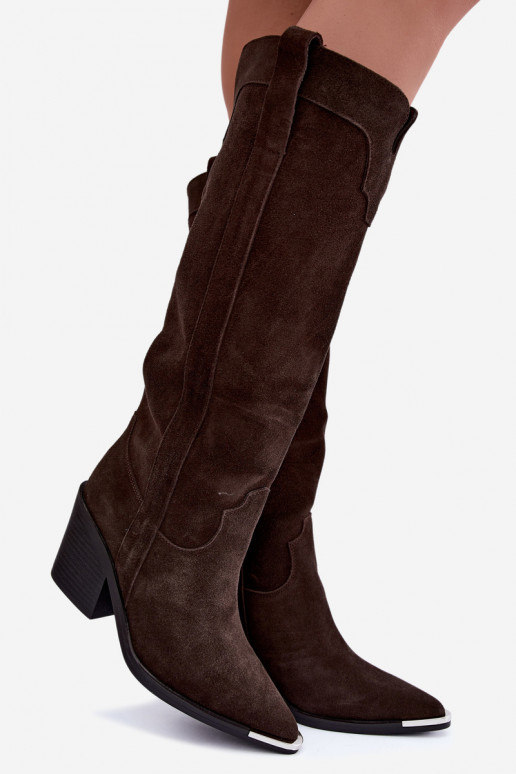 Stivali alti in stile cowboy con tacco in suede sintetico marrone