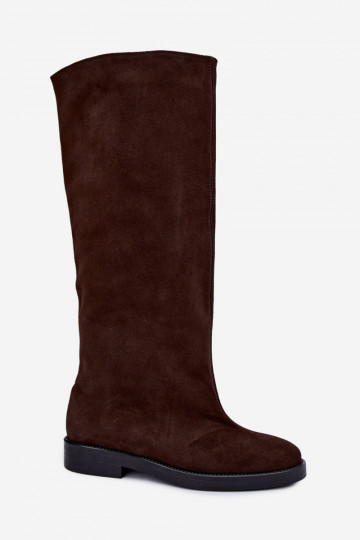 Stivali alti in suede sintetico caldi con tacco largo in marrone Zazoo 542