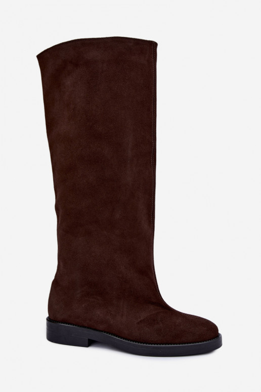 Stivali alti in suede sintetico caldi con tacco largo in marrone Zazoo 542