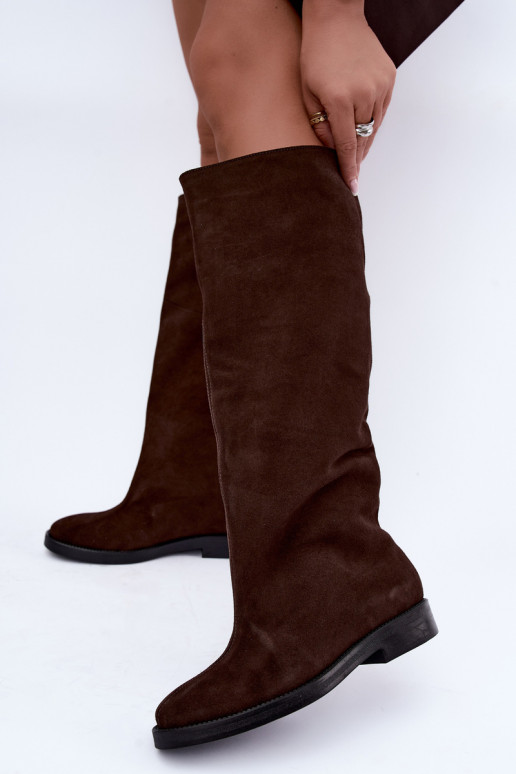 Stivali alti in suede sintetico caldi con tacco largo in marrone Zazoo 542