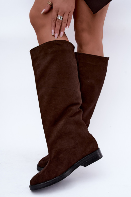 Stivali alti in suede sintetico caldi con tacco largo in marrone Zazoo 542