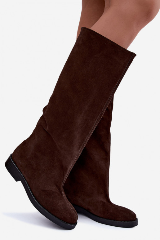 Stivali alti in suede sintetico caldi con tacco largo in marrone Zazoo 542