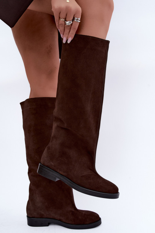 Stivali alti in suede sintetico caldi con tacco largo in marrone Zazoo 542