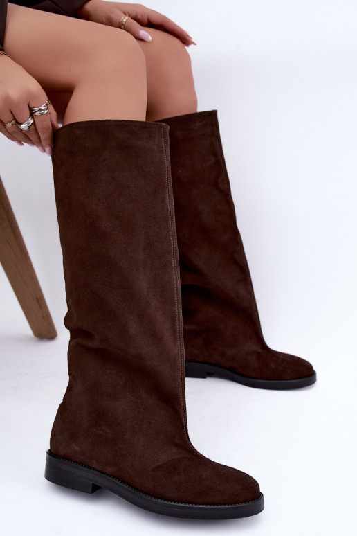 Stivali alti in suede sintetico caldi con tacco largo in marrone Zazoo 542