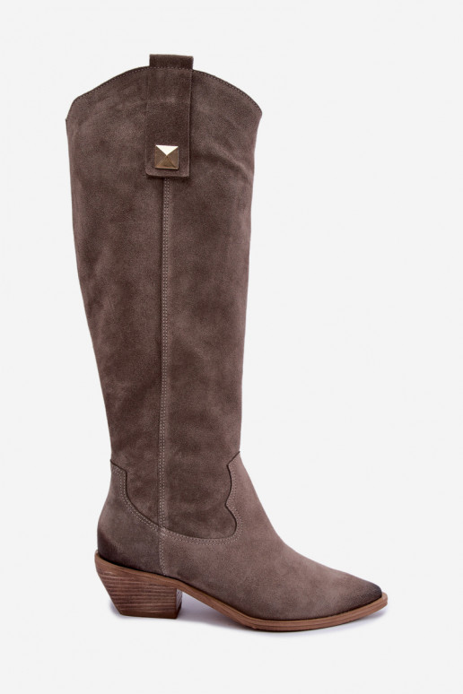 Stivali alti caldi in stile cowboy in suede sintetico argilla Zazoo 4224