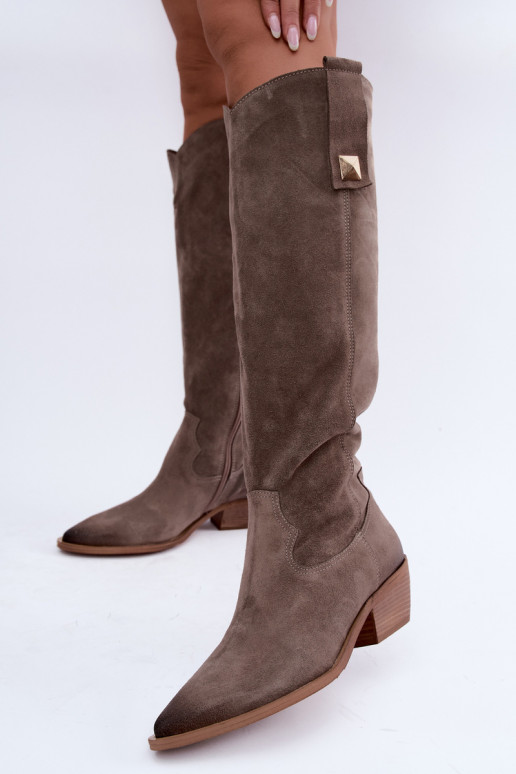 Stivali alti caldi in stile cowboy in suede sintetico argilla Zazoo 4224