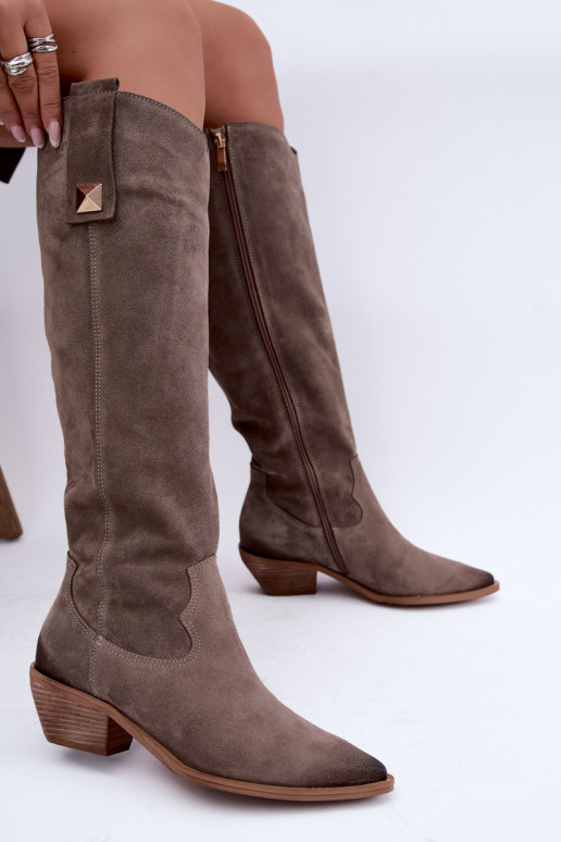 Stivali alti caldi in stile cowboy in suede sintetico argilla Zazoo 4224