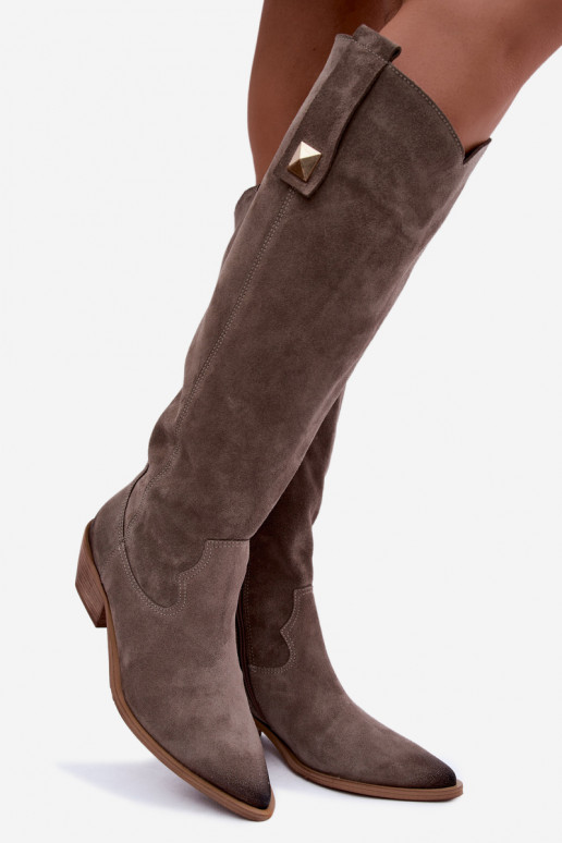 Stivali alti caldi in stile cowboy in suede sintetico argilla Zazoo 4224