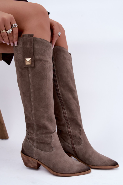 Stivali alti caldi in stile cowboy in suede sintetico argilla Zazoo 4224