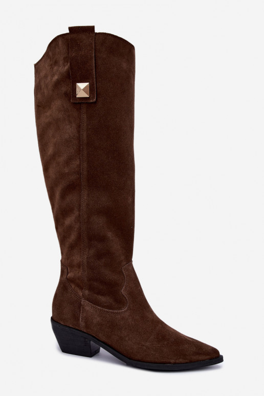 Stivali alti caldi in stile cowboy in suede sintetico marrone Zazoo 4224