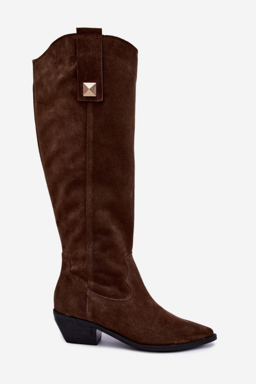 Stivali alti caldi in stile cowboy in suede sintetico marrone Zazoo 4224