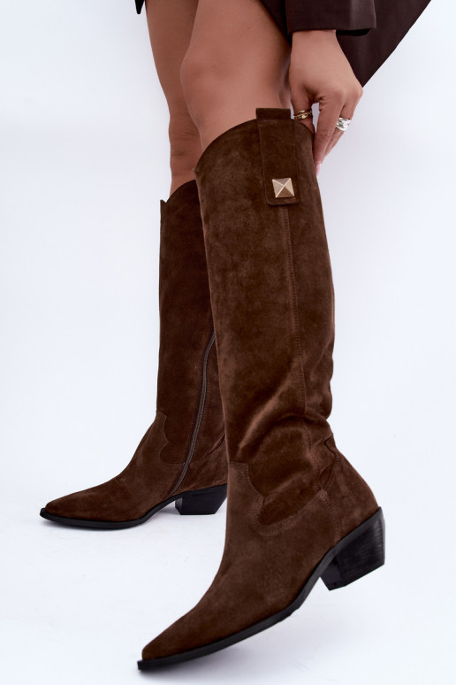 Stivali alti caldi in stile cowboy in suede sintetico marrone Zazoo 4224