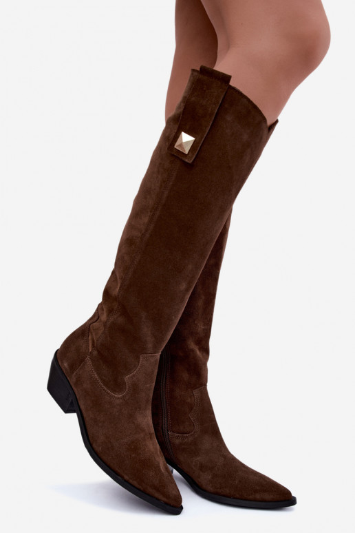 Stivali alti caldi in stile cowboy in suede sintetico marrone Zazoo 4224