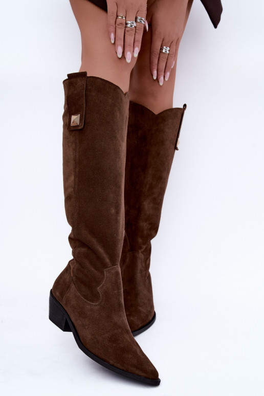 Stivali alti caldi in stile cowboy in suede sintetico marrone Zazoo 4224