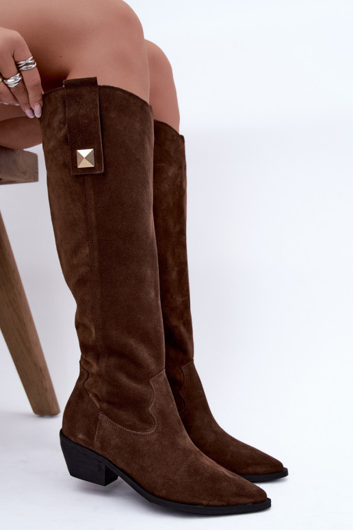 Stivali alti caldi in stile cowboy in suede sintetico marrone Zazoo 4224