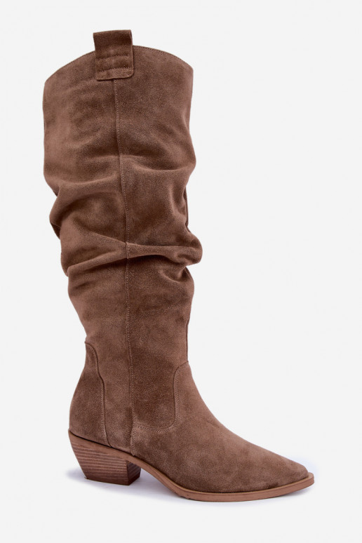 Stivali alti caldi e stropicciati in stile cowboy in suede sintetico marrone Zazoo 4313