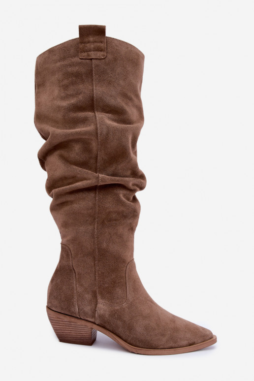 Stivali alti caldi e stropicciati in stile cowboy in suede sintetico marrone Zazoo 4313