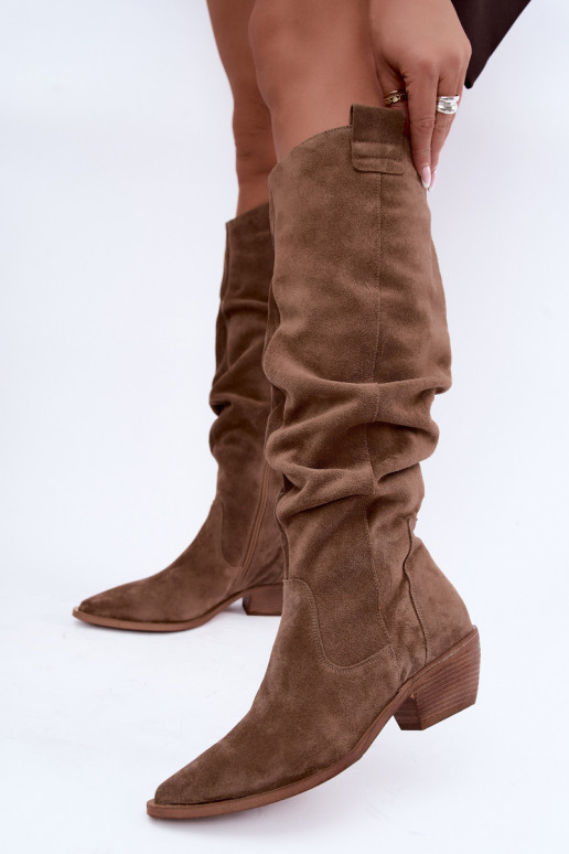 Stivali alti caldi e stropicciati in stile cowboy in suede sintetico marrone Zazoo 4313
