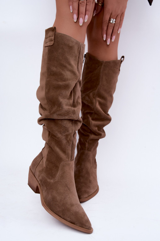 Stivali alti caldi e stropicciati in stile cowboy in suede sintetico marrone Zazoo 4313
