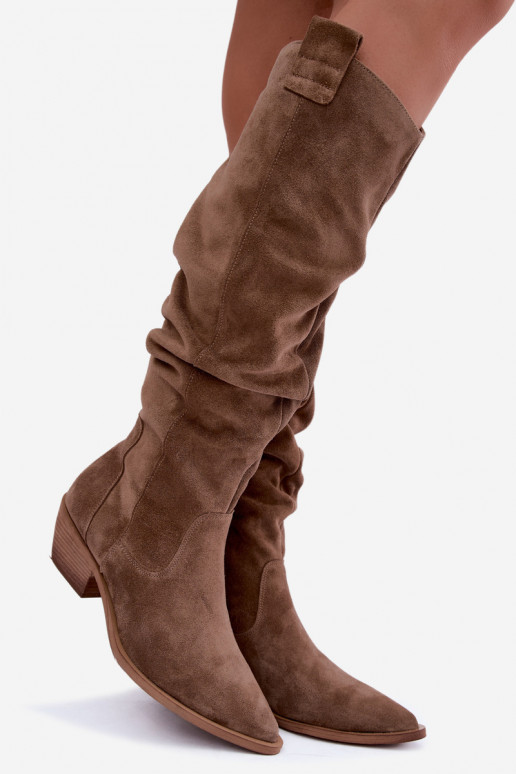 Stivali alti caldi e stropicciati in stile cowboy in suede sintetico marrone Zazoo 4313