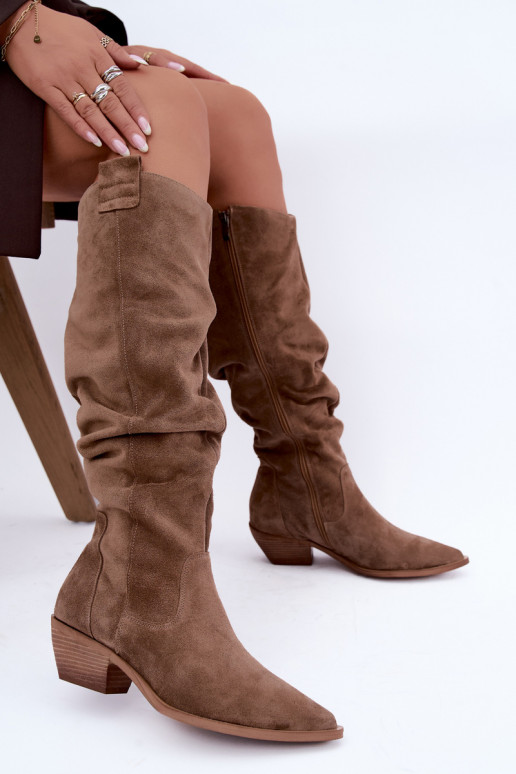 Stivali alti caldi e stropicciati in stile cowboy in suede sintetico marrone Zazoo 4313