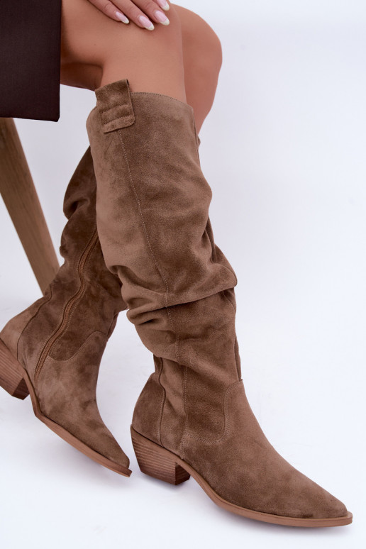 Stivali alti caldi e stropicciati in stile cowboy in suede sintetico marrone Zazoo 4313