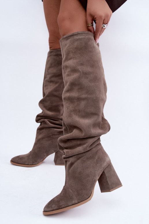 Stivali alti caldi e stropicciati in suede sintetico con tacco argilla Zazoo 4228