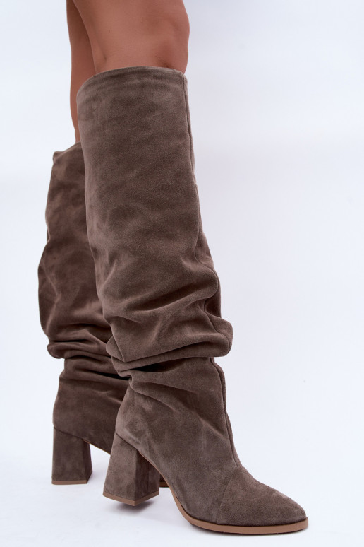 Stivali alti caldi e stropicciati in suede sintetico con tacco argilla Zazoo 4228