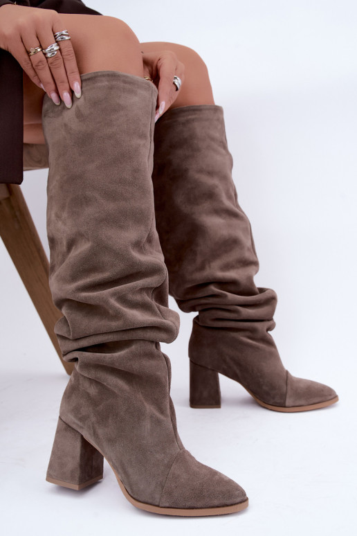 Stivali alti caldi e stropicciati in suede sintetico con tacco argilla Zazoo 4228
