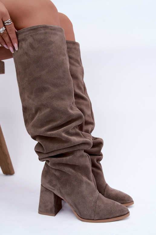 Stivali alti caldi e stropicciati in suede sintetico con tacco argilla Zazoo 4228