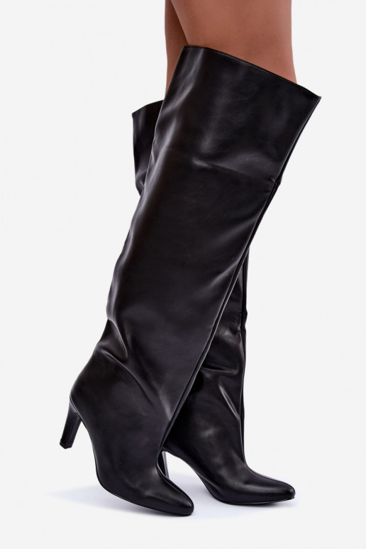 Stivali alti slip-on da donna con tacco appuntito sopra il ginocchio neri Emorine