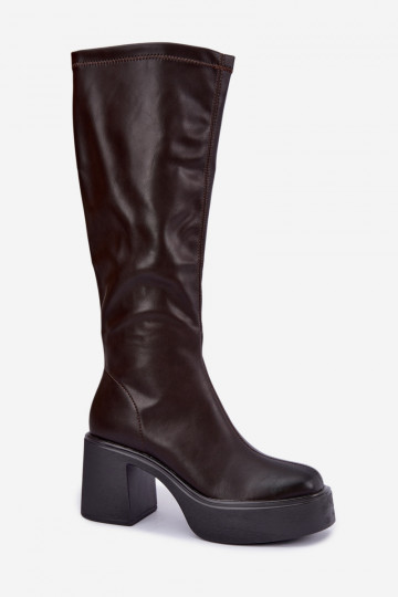 Stivali alti da donna con piattaforma e tacco in pelle sintetica color cioccolato Nesalie 2